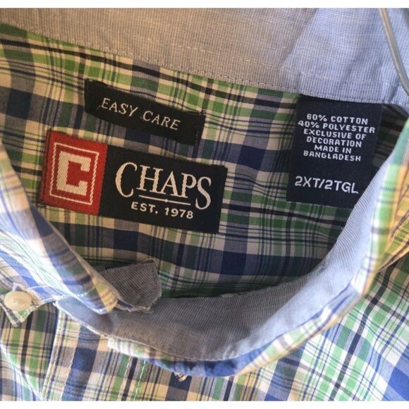Mens Dress Shirt Chaps 2XT 2X Button Down Light Green Spring Plaid Short Sleeve - Picture 12 of 15